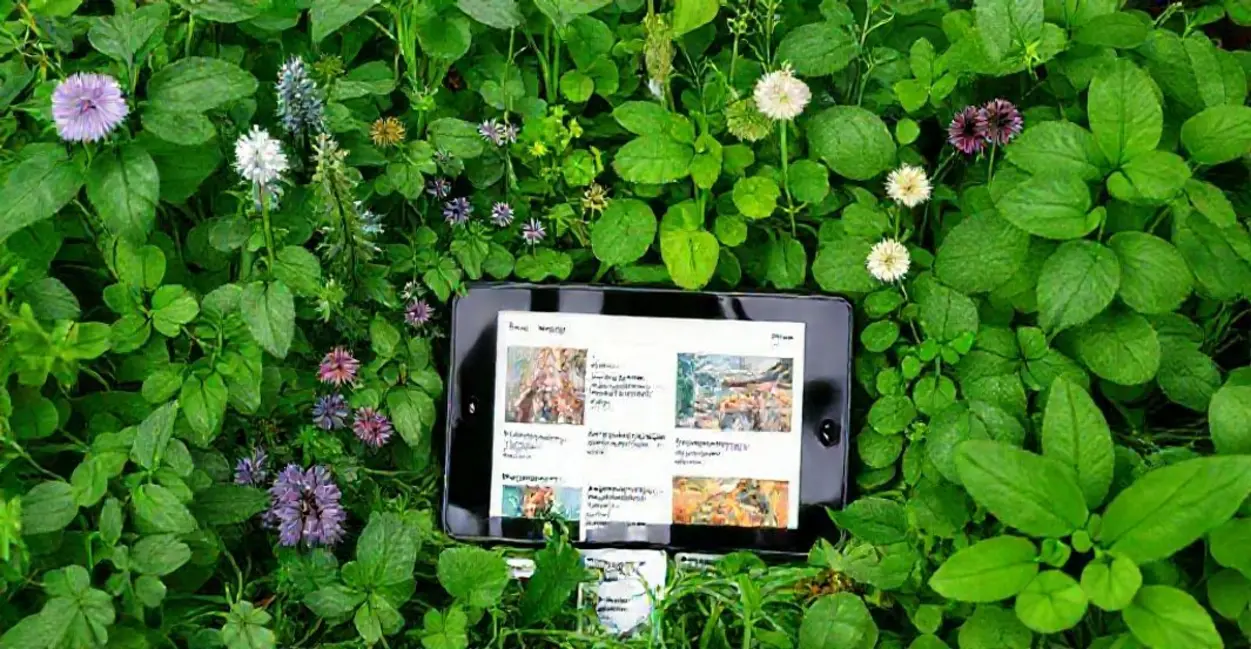 Plantas medicinais rodeadas de um dispositivo digital exibindo artigos sobre saúde.
